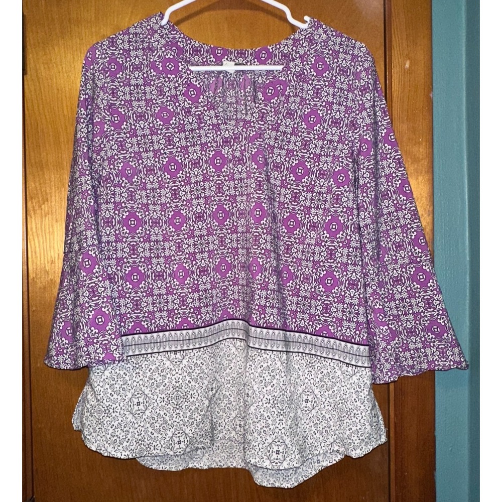 Dana Buchman Purple White Paisley Floral 3/4 Sleeve V Neck Blouse M